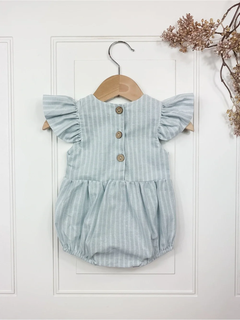 Striped Flutter Sleeve Baby Romper in Pale Blue